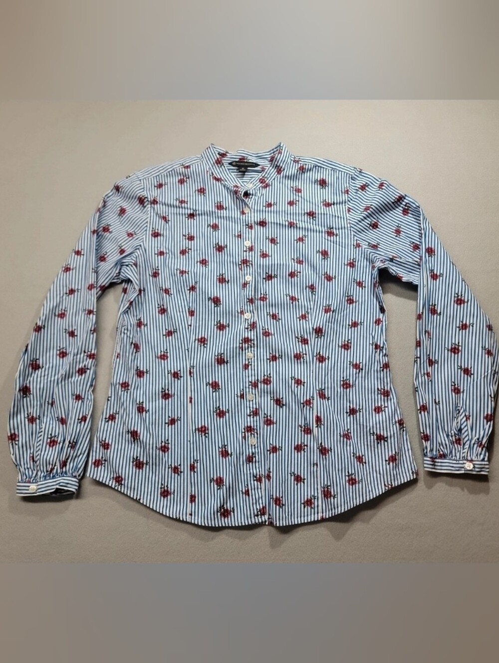 Brooks Brothers Blue & White Striped Shirt with Red Floral Print